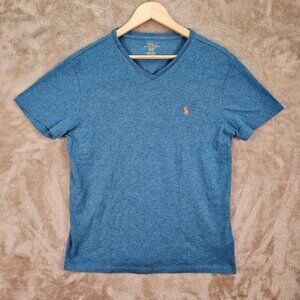 Polo Ralph Lauren Blue V Neck T-Shirt Men's M Orange Pony Casual Short Sleeve